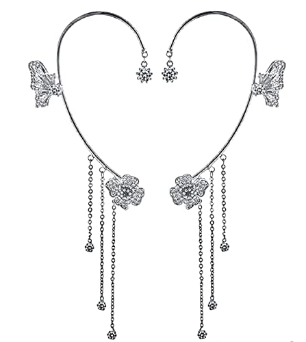 Eonline Silver Plated Trendy Crystal Diamond Flower Clip On Earrings No Piercing Cuffs Iced Out Zircon Cz Tassel Butterfly Ear Cuff Earring (Silver Butterfly Clip On) #TOP1