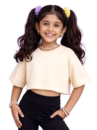 Image of KiddoPanti Girls 100% Cotton Solid Drop Shoulder Half Sleeve Round Neck Crop Tee