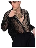 WDIRARA Men's Sexy Lace Button Down Shirts See Through Long Sleeve Collared Tops Party Clubwear Black Large