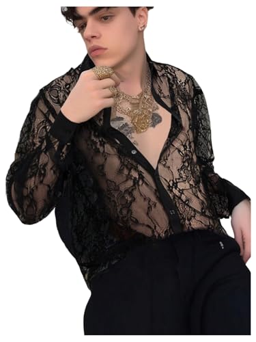 WDIRARA Men's Sexy Lace Button Down Shirts See Through Long Sleeve Collared Tops Party Clubwear Black Large