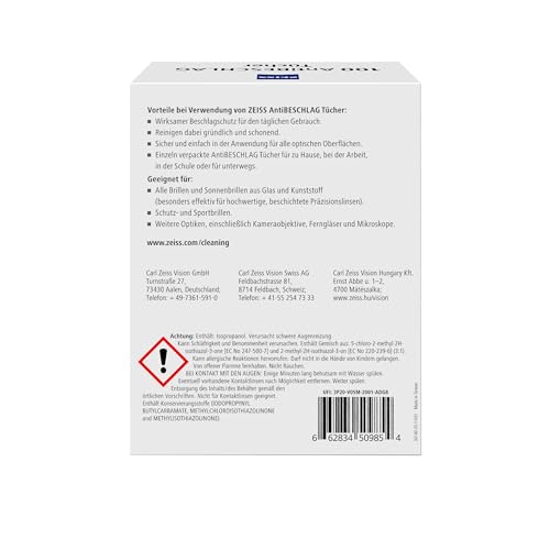 ZEISS AntiBeschlag T&uuml;cher 100 St&uuml;ck f&uuml;r einen lang anhaltenden Beschlagschutz schon w&auml;hrend der Reinigung - jedes Tuch einzeln verpackt - ideal f&uuml;r unterwegs oder auf Reisen
