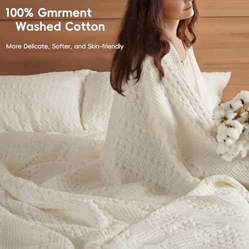 Image of PHF 100% Cotton Waffle Blanket Oversized King 120 inchx120 inch, Lightweight Breathable Extra Large 10'x10' Blankets for Bed, Giant Big Luxury Aesthetic Woven Bedding for Home Decor, Ivory