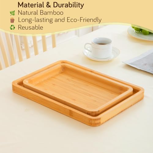 Image of HOKIPO Natural Bamboo Serving Tray Set - Multipurpose Kitchen, Breakfast & Tea Tray (Medium + Large) (AR-5769-ML)