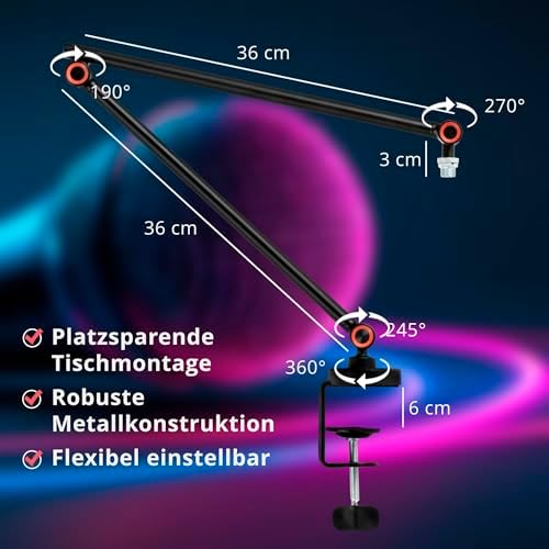 Bild 3 - Pronomic MA-161 BK Mikrofon Arm Stativ für Studio Mikrofon - Mikrofonständer mit Tischklemme - Mikrofonhalter verstellbar für Podcast, Gaming, Studio und Streaming - Mic arm ausgestreckt bis 72 cm