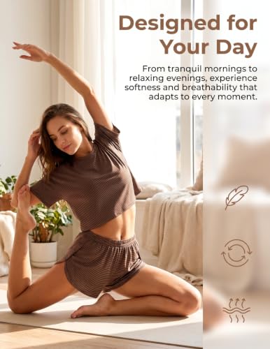 Image of Split Short Pajama Set Women's Striped Pjs with Sleeve Tee & Elastic Waist | Split-Leg Shorts Design, Soft Striped 2-Piece Lounge Set, Breathable Comfy, Travel, or Cozy Days At Home, Summer Vibes