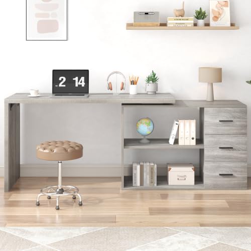Image of HSH L Shape Desk with Drawers, L-Shaped Desk with Storage Cabinet Shelves, Home Office Corner Computer Desk for Executive Writing, Modern Wood Study PC Table in Bedroom Living Room, Grey Oak, 55 Inch