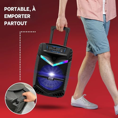 Pyle Enceinte Sono Bluetooth Portable – 1200W, Batterie, Noir Subwoofer et Tweeter LED Éclairage Micro Filaire SD,USB,AUX Radio FM Enregistrement et Roues - 6
