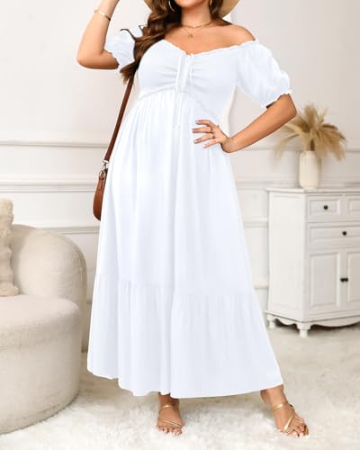 Image of Plus Size Sun Dresses Women - Summer Off the Shoulder Puff Sleeve A Line Boho Maxi Flow Long Dress 2025