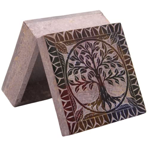 Kc Kullicraft Hand Carved Marble Soapstone Square Shape Jewellery/Ornament Box Jewellery Decorative Storage Box For Girls And Kids (Multi Colour, Length 4 Inch X Width 4 Inch X Height 2 Inch) #TOP7