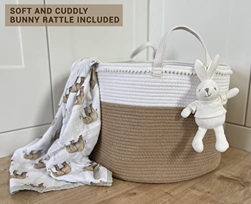 Baby Laundry Basket -Large Baby Basket Toy Storage – Grey Laundry Hamper- Pink Hamper -Toy Storage Woven Baskets And Nursery Organizer - Toy Organizers And Storage- Brown Color With Bunny Rattle #TOP5