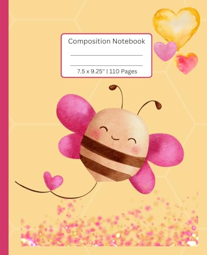 Composition Notebook: Cute and Happy Bee with Flowers and Hearts | 110 Pages, 7.5 x 9.25" | Wide Ruled