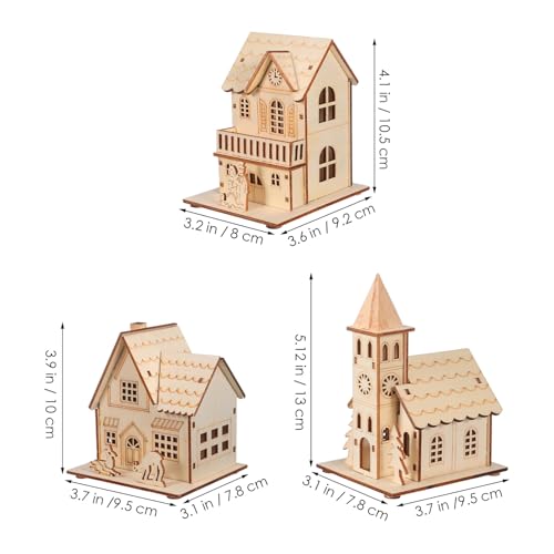 Casas luminosas de madera NUOBESTY de tres piezas para decoración navideña de mesas 3