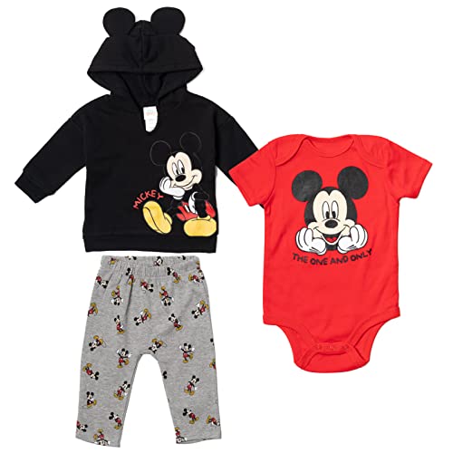 Image of Disney Classics Winnie the Pooh Mickey Mouse Baby Hoodie Bodysuit and Pants 3 Piece Outfit Set (Newborn - 24 Months)