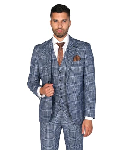 Costume 3 pièces bleu homme complet à carreaux veste gilet pantalon ajusté