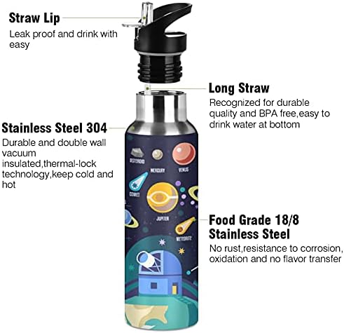 Space Galaxy Solar System Water Bottle with Straw Lid, Universe Planets Stars Vacuum Insulated Stainless Steel Bottle Keep Hot and Cold Thermo Water Flask Bottle for Sports Gym School,20 oz