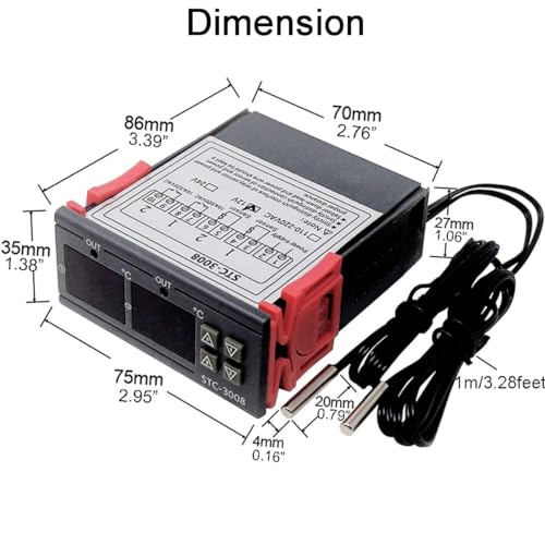 Greluma 1 Stück STC-3008 DC 12V Temperaturthermostatregler,digitaler Temperaturregler mit Dual-Display und Dual-NTC-Sondensensor,Heiz- und Kühlmodus