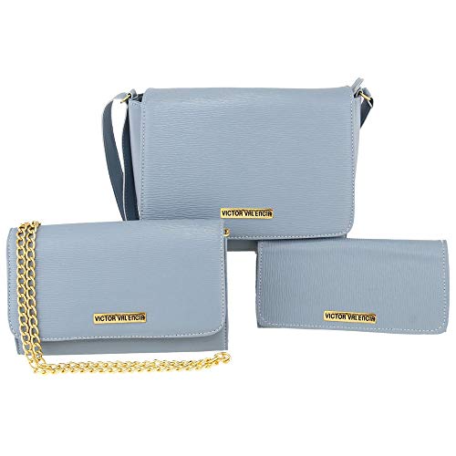 Kit Bolsa Transversal com Corrente e Carteira Victor Valencia (Azul)
