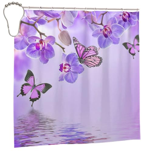 Rideau de douche violet 183x183 cm en polyester imprimé papillon avec 12 oeillets