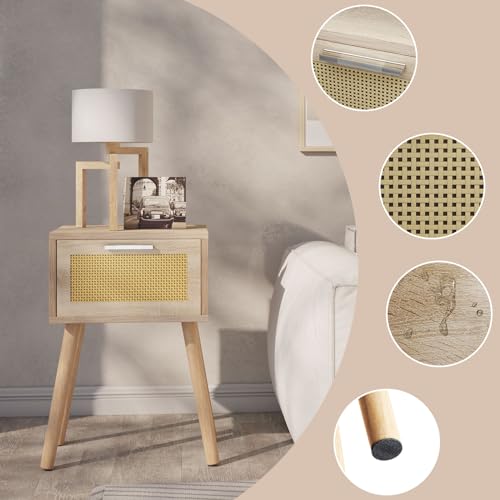 YMYNY Set of 2 Rattan Bedside Tables, Boho Bedside Cabinets with Magnetic Drawer, Solid Wood Legs, 35 x 27 x 53 cm, Sofa Table, Coffee Table for Living Room, Office, Bedroom, Natural Colours HST010N-2 by YMYNY - Used condition - Image 9