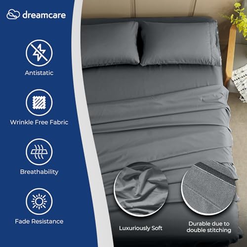Image of DREAMCARE Queen Sheet Set - 4 pcs Breathable Cooling Sheets - up to 21 inch Extra Deep Pocket Queen Sheets Set with Side Pockets - Extra Soft 100% Brushed Hypoallergenic Hotel Luxury Bedding - Dark Gray