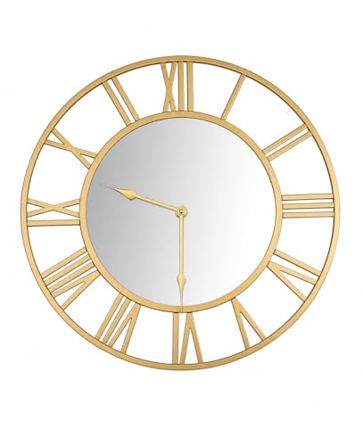 QHENS Orologio da Parete Grande 50 cm, Silenzioso Senza Ticchettio 15 dB, Metallo Oro con Numeri Romani, Centro in Acrilico Effetto Specchio, Stile Moderno Vintage per Soggiorno e Camera