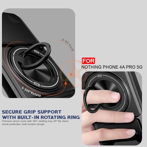 Image of Nothing Phone 4A Pro 5G Back Cover | Armor Camera Slider 360 Degree Rotating Finger Ring Holder Case with Bracket Stand Back Case Cover (Compatible with MagSafe Accessories) (Black)