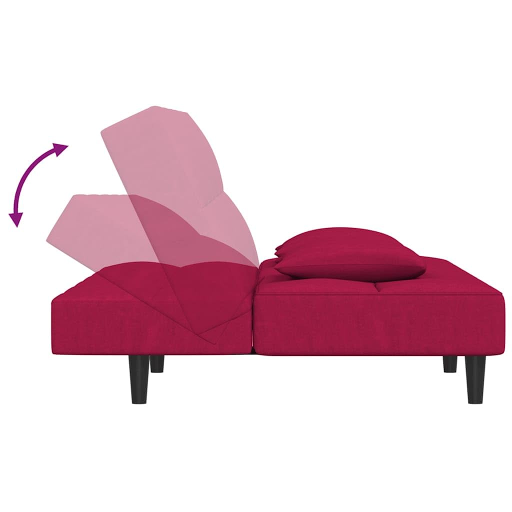 Sofá cama de 2 plazas con marco de madera y 2 cojines de terciopelo rojo vino para salón o habitación de invitados como cómodo asiento y dormitorio