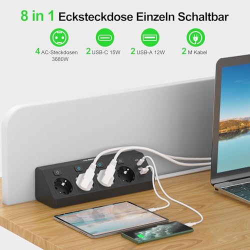 Steckdosenleiste mit 2 USB C und 2 USB A, 4 Fach Ecksteckdose Einzeln Schaltbar Mehrfachsteckdose Überspannungsschutz 3680W Mehrfachstecker Wandmontage, Steckerleiste 2M Kabel Schwarz für Küche Büro 2