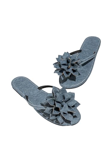 GORGLITTER Women's Denim Sandals Cute Flower Flat Sandals Jean Thong Slide Sandals