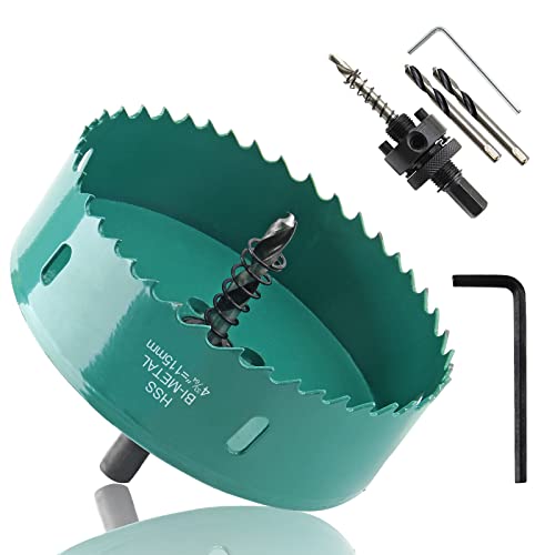 Image of 4-1 /2 Inch / 115mm Hole Saw with Heavy Duty Arbor, 4.5 Inch Hole Saw HSS Bi-Metal Hole Cutter Smoothly Cutting in Cornhole Boards, Plastic, Wood, Fiberboard, Drywall