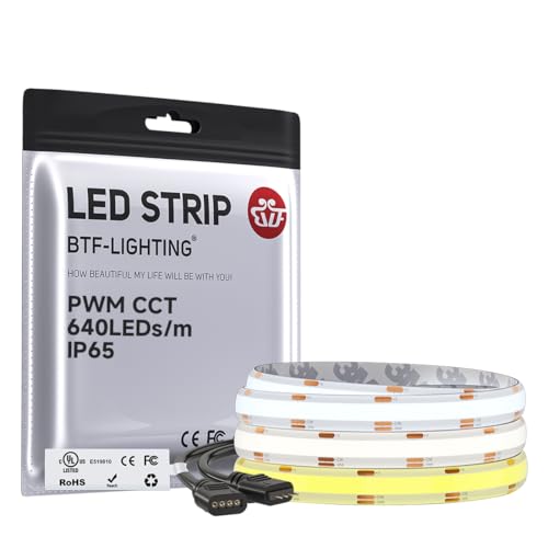 Image of BTF-LIGHTING FCOB COB LED Strip CCT 3000K-6000K Tunable White IP65,UL Listed DC12V 9.8FT CRI 90+ Dimmable LED Tape Lights,640LEDs /m Dotless for Bedroom Kitchen Indoor Decor(No Adapter or Controller)