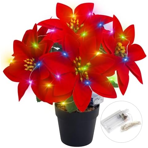 LUZOGA Christmas Poinsettia Potted Plants Decorations Pre-Lit Artificial 7 Head Poinsettia Flower - LED Lighted Faux Poinsettia Flowers Home Table Window Gift Xmas Ornament(Red,10.2inch) Cover