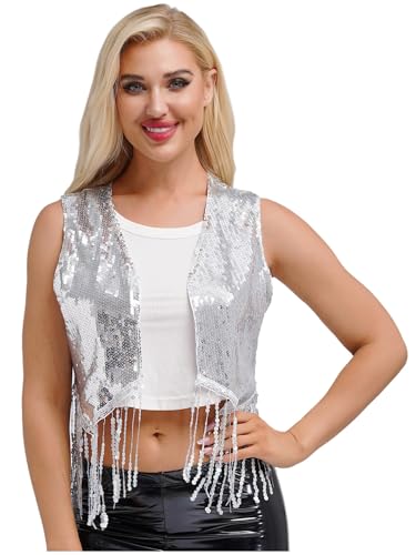 Women's Sequins Tassel Vest Open Front 70s Hippie Cardigan Sleeveless Western Cowgirl Tops