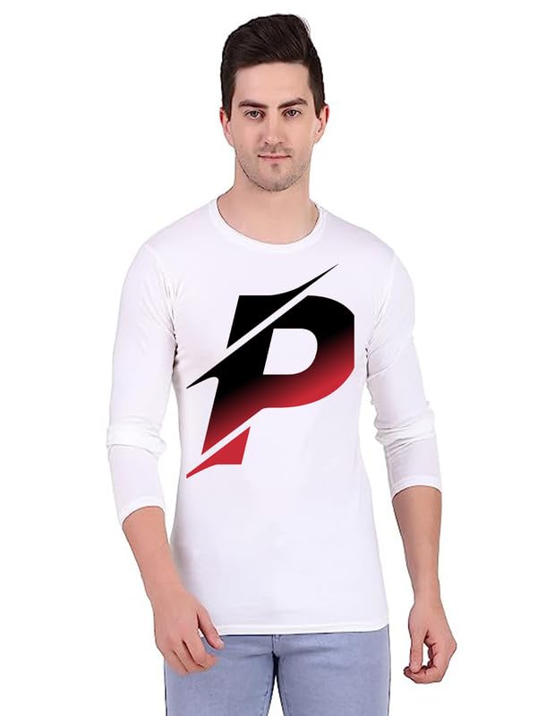 Image of Black & Red Letter P Printed Full Sleeve Round Neck T-Shirt for Men