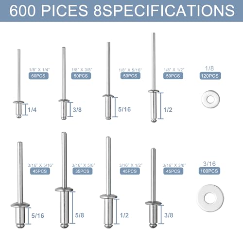 Zkenird ZK-20240414 600Pcs Rivets Assortment Kit, 8 Size Pop Rivets thumb #2