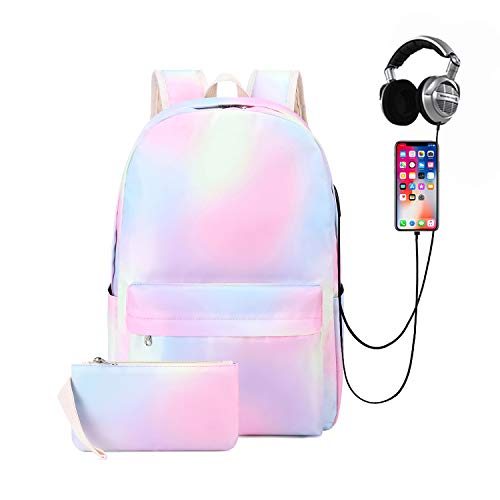 Natayoo Rainbow Laptop Backpacks for Women Water Resistant Casual Daypack Travel Backpack with USB Charging Port & Headphone Interface,Rainbow-pink,Large