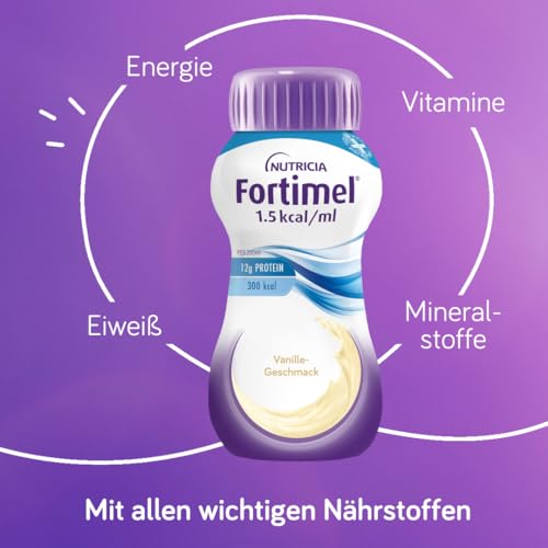 Nutricia Fortimel® 1.5 kcal Vanille – Hochkalorische Trinknahrung mit allen wichtigen Nährstoffen, Vitaminen, Mineralien und Spurenelementen – 300 kcal und 12 g Eiweiß pro Flasche – 4 x 200 ml