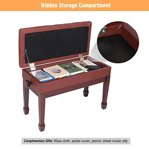 Akvombi Duet Piano Bench Adjustable Height, Solid Wood Piano Bench With Storage, Piano Keyboard Stool Bench, Piano Chair Padded For Kid, Red Brown, 28.7" W X 13.4" D X 20" H #TOP5