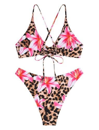 Image of ZAFUL Women's Tie Back Padded High Cut Bralette Bikini Set Two Piece Swimsuit