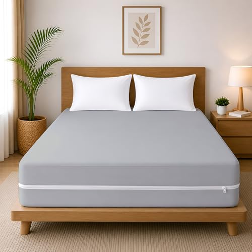 Image of 100% Waterproof Single Size Zipper Mattress Encasement - Ultra Soft & Breathable Six-Sided Bed Cover, Dustproof Noiseless Fitted Design, 78x36 Inch (6x6 Feet), Fits Up to 6 Inch Mattress, Silver