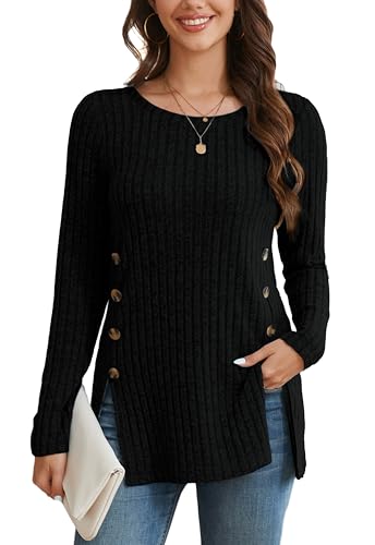 Enmain Jersey Negro Mujer Invierno Ligero Camiseta Cuello Redondo Manga Larga Suéter de Punto con Botones Laterales XL