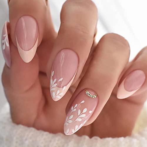 Almond Press On Nails Medium Glossy Pink Nude Leaf False Nails Summer Artificial French Tip Fake Nails For Women Acrylic Stick On Nail With Adhesive Tabs 24 Pcs #TOP13
