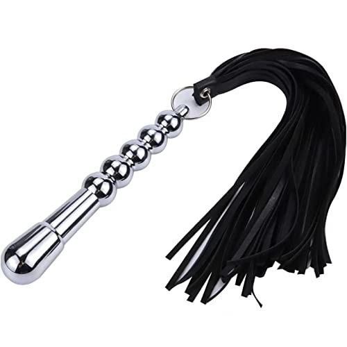SYMFY Horse Riding Whip, Leather Tassel Riding Crop Flogger Teaching Training Tool for Equestrian with Metal Handle,Black