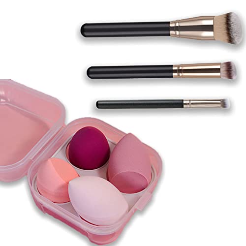 VBNZBK Juego de Brochas de Maquillaje Profesional de 3 Brochas para Corrector Sintético Ultrasuave, Brocha para Rubor, Brocha Aplicadora y 4 Huevos de Esponja de Maquillaje Cover