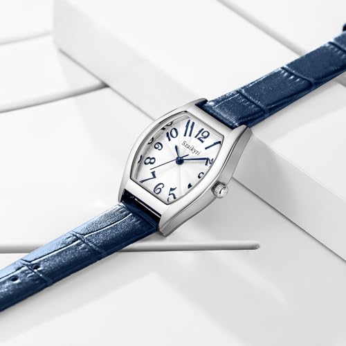 Elegant Barrel-Shaped Women's Watch with Easy Read Arabic Numerals and Stylish Silver-Blue Leather Strap - Image 7