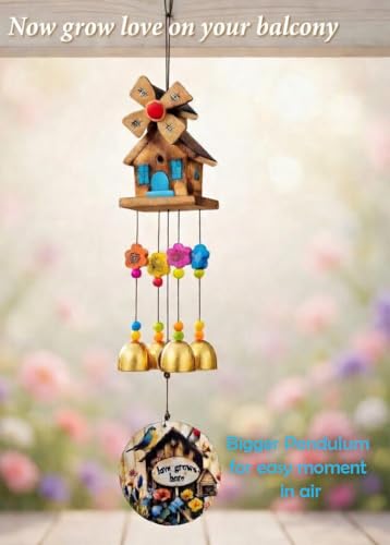 Image of PARADIGM PICTURES 4 Bell Wind Chime for Balcony Decoration, 'Love Grows Here' Pendant, Garden, Terrace Decor