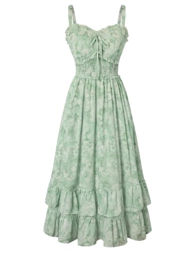 Women's Floral Dress Smocked Sundress with Pockets Green Roses Floral 2XL