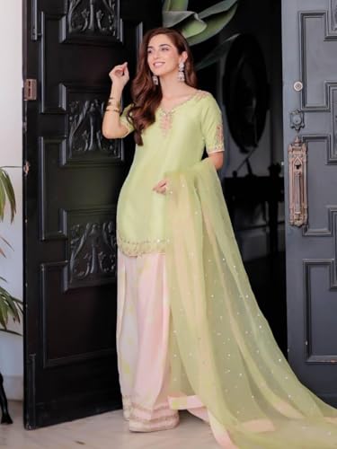 Image of Heavy Embroidery & Sequence Work Kurti Farshi Palazzo with Dupatta Set for Women