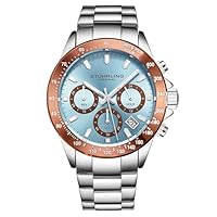 Stührling Original Men’s Chronograph Watch Stainless Steel Bracelet with Screw Down Crown and Water Resistant to 100 M. Analog Dial Quartz Movement, Light Blue, Chronograph,Quartz Movement