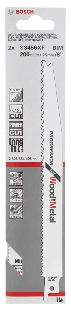 Bosch Accessories 2 unidades Hoja de sierra sable S 3456 XF Progressor for Wood and Metal (Longitud 200 mm, accesorio de sierra sable)